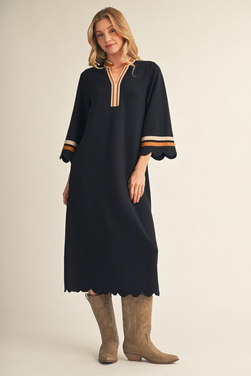 Scallop Edge Detail Solid Midi Dress