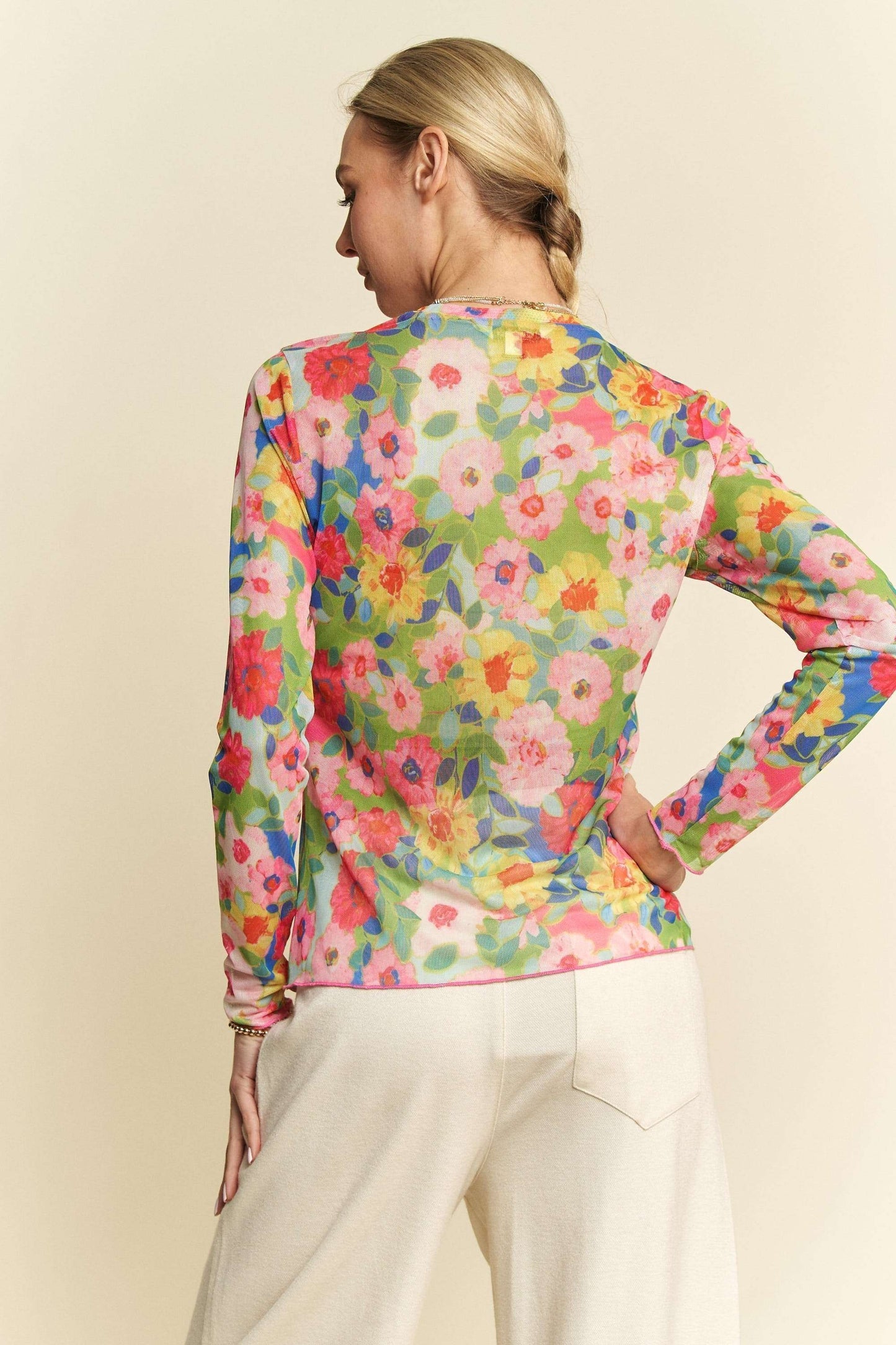 PLUS FLOWER PRINTED MESH ROUND NECK LONG SLEEVE TOP