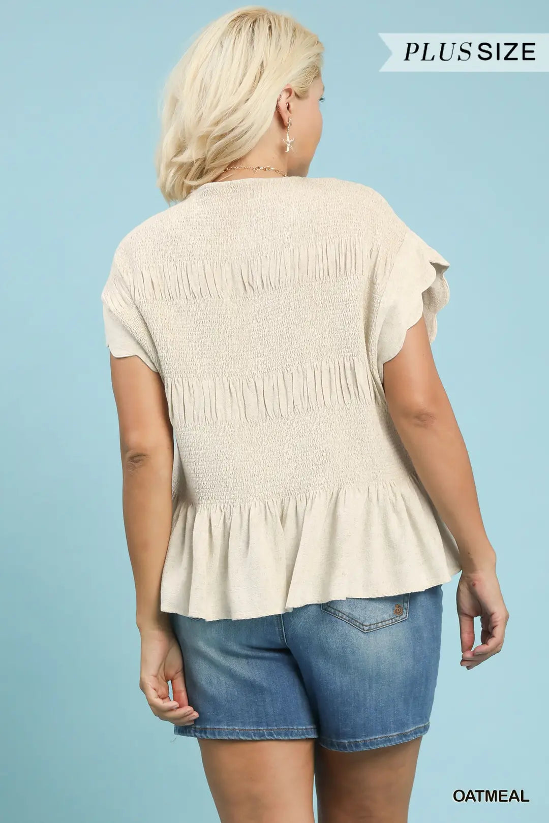 Linen Blend Smocked Peplum Top