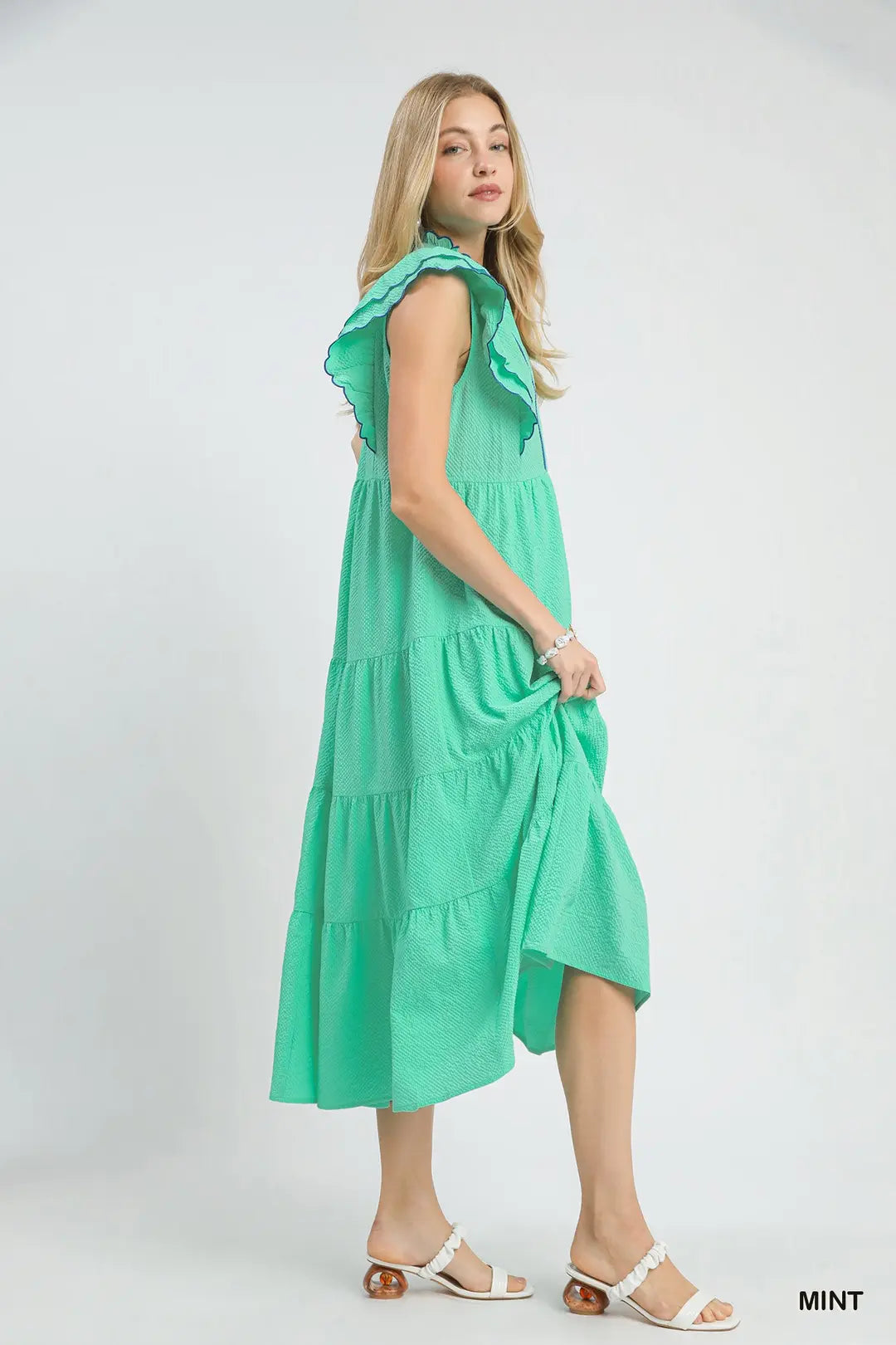 Seersucker Ruffle Sleeve Tiered Midi Dress