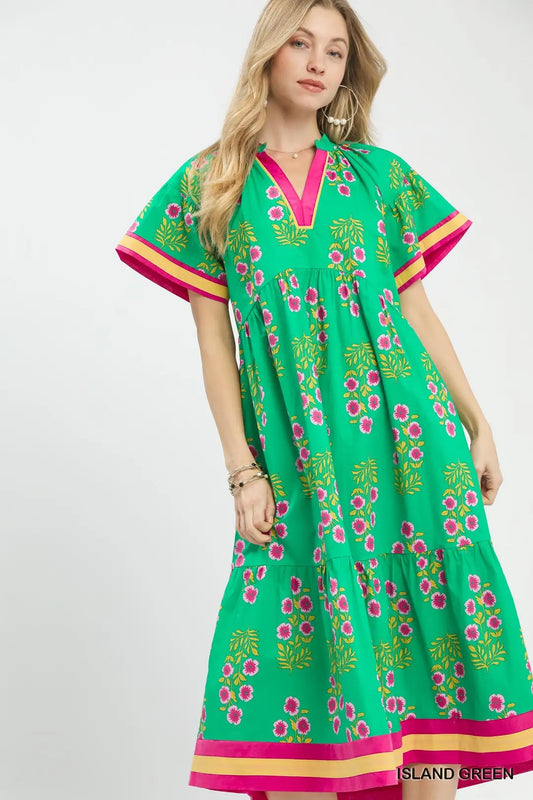 Floral Border Tiered Midi Dress