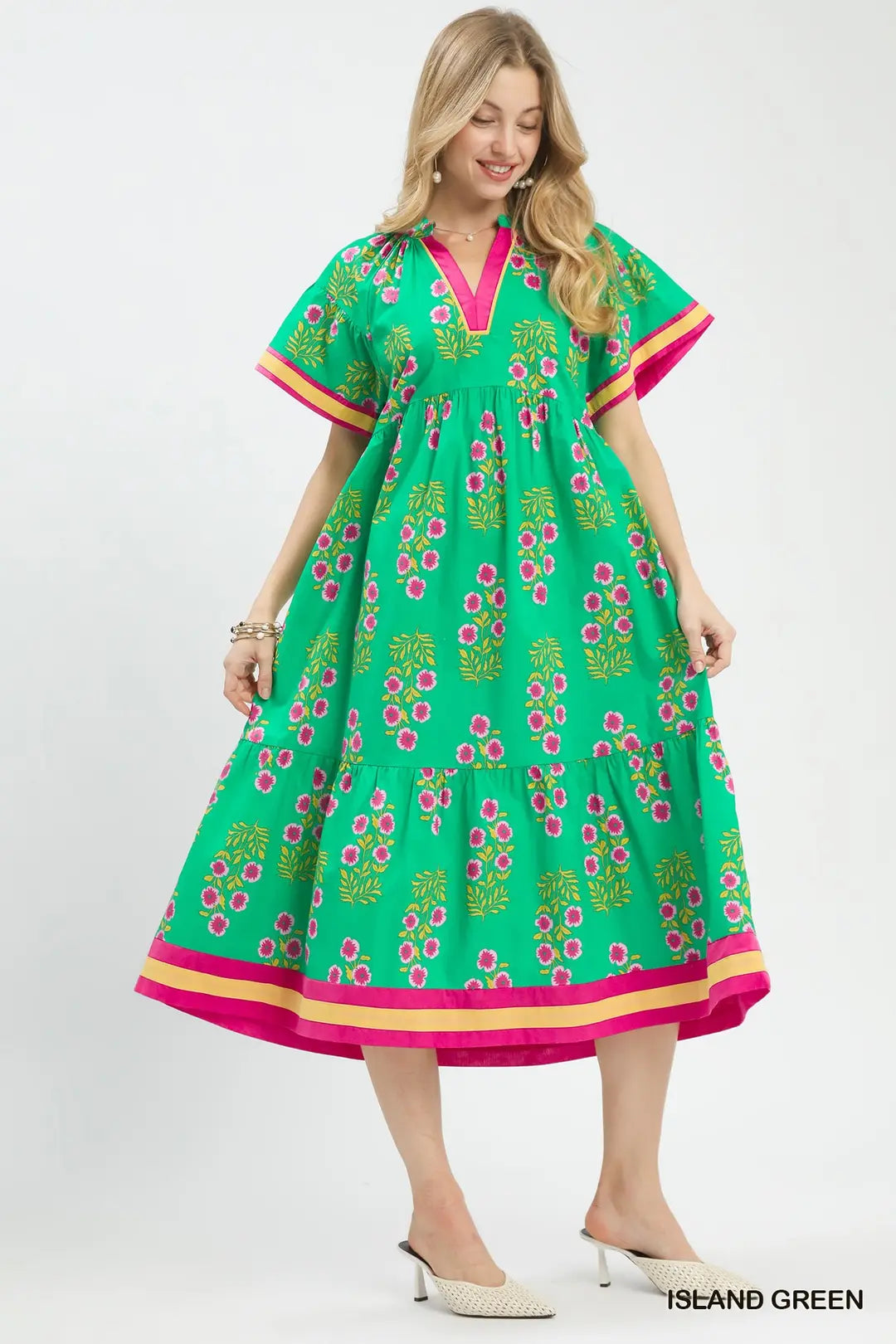 Floral Border Tiered Midi Dress