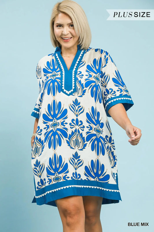 Mix Border Print Dress w/ Contrast Trim