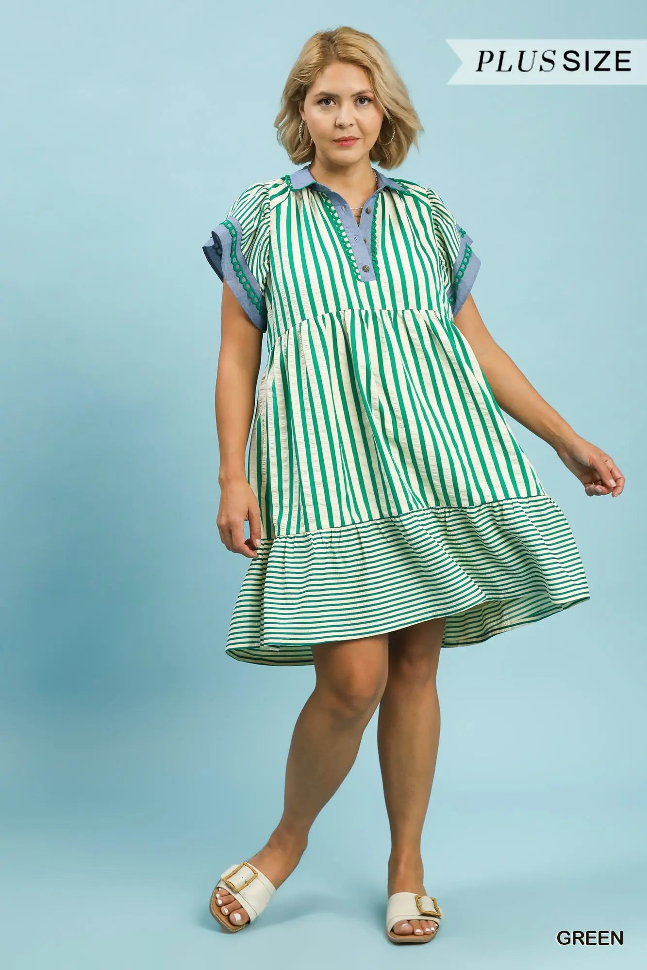 Green Stripe Flutter Sleeve Dress-