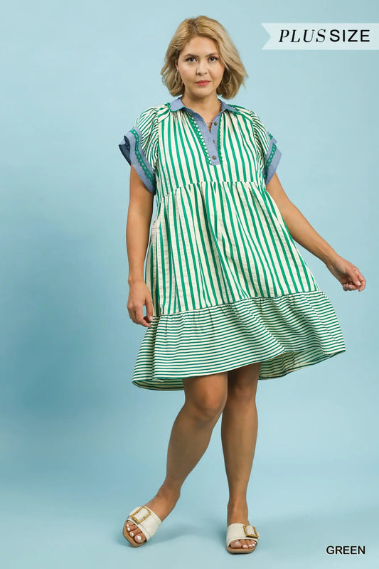 Green Stripe Flutter Sleeve Dress-