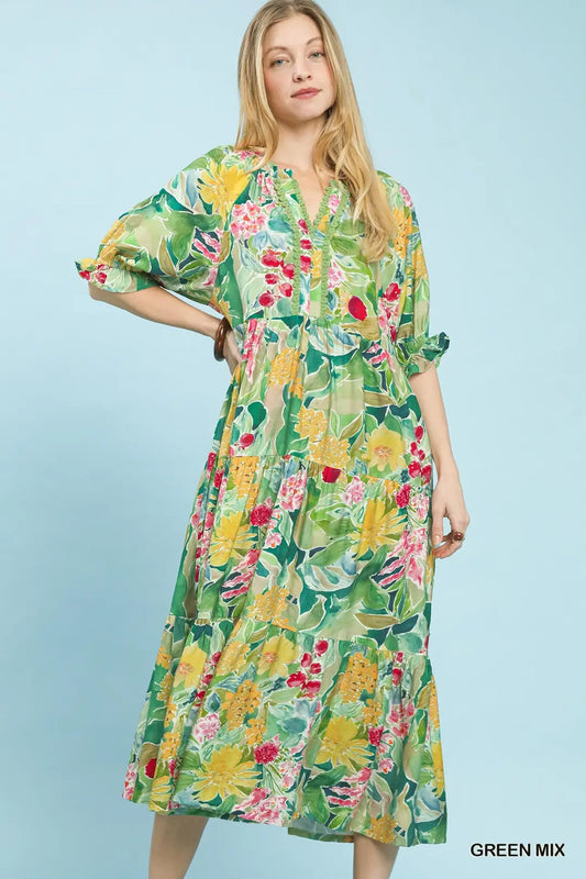Mixed Floral Tiered Midi Dress