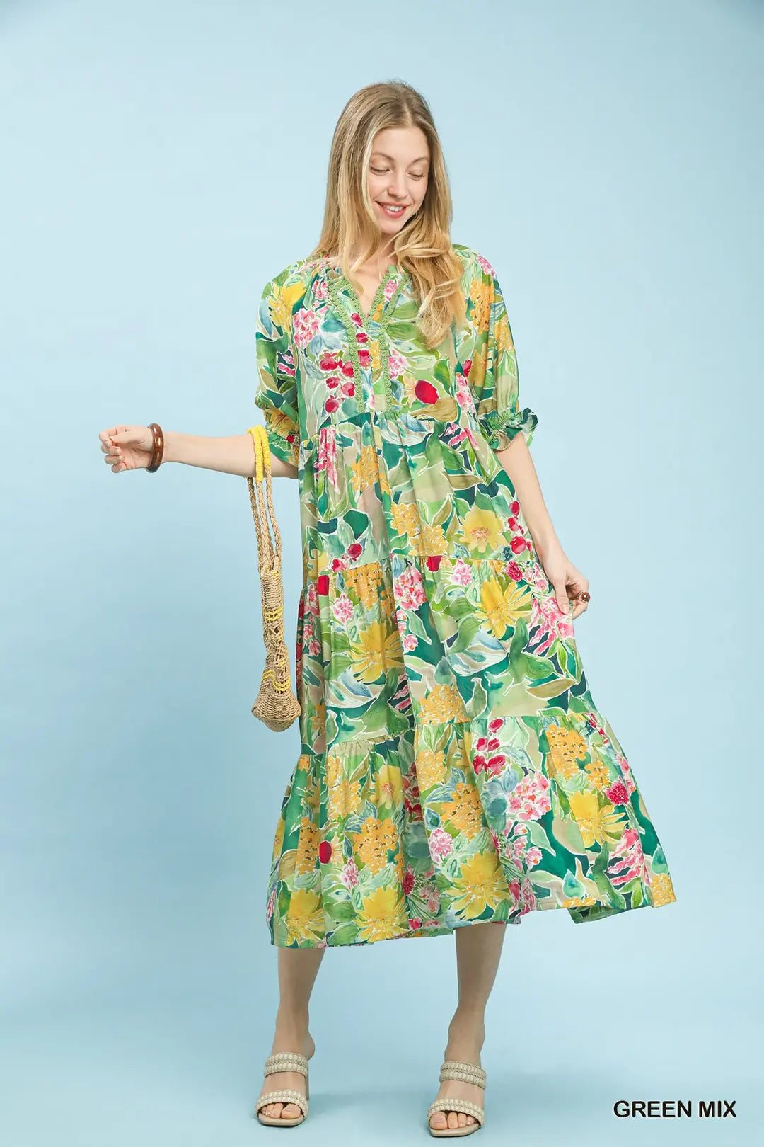 Mixed Floral Tiered Midi Dress
