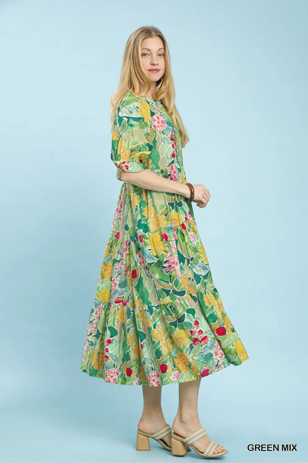 Mixed Floral Tiered Midi Dress