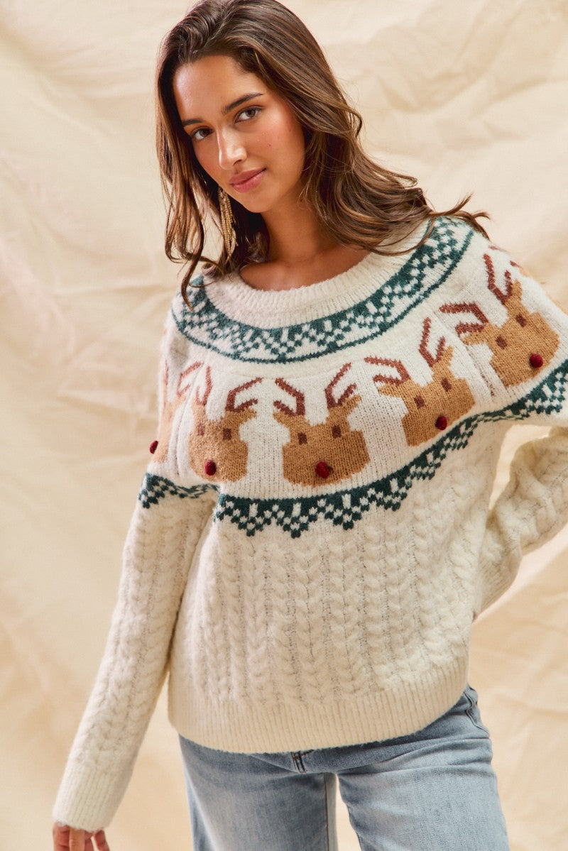 Rudolph Face Pattern Textur Christmas Sweater Top