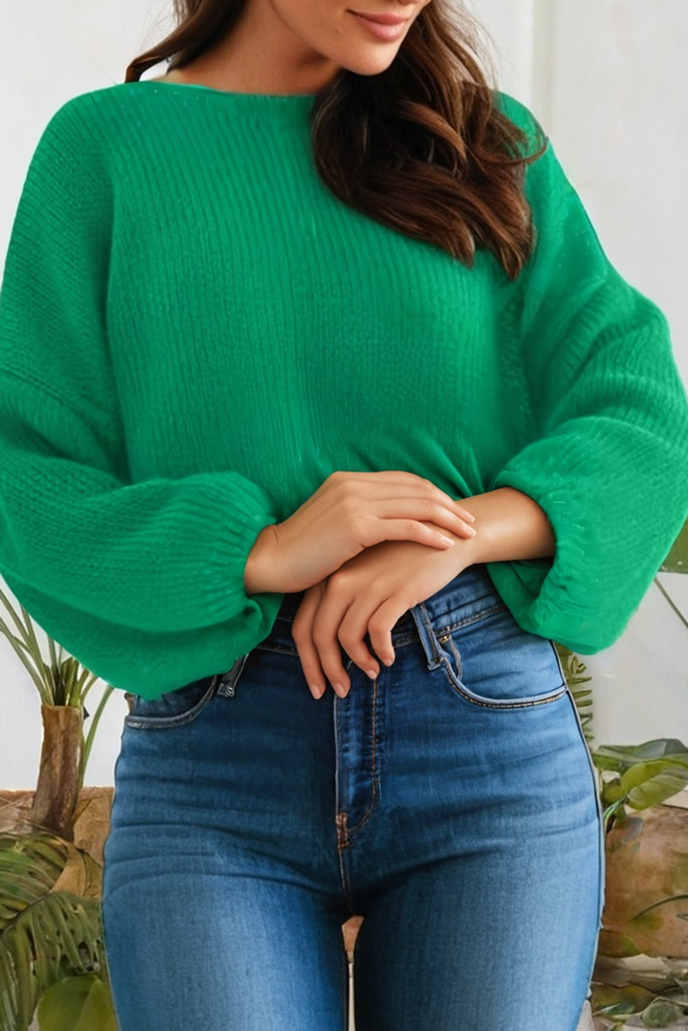 Green Backless Bubble Sleeve Back Bow Sweater- L