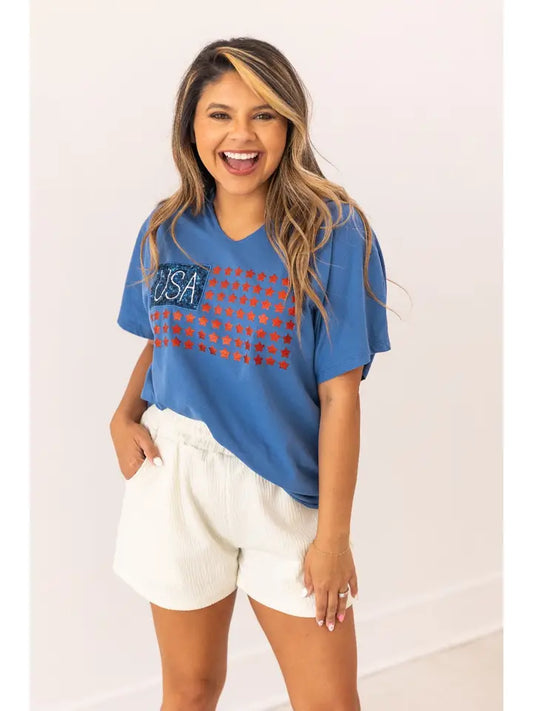 USA Flag Glitter Stars Top