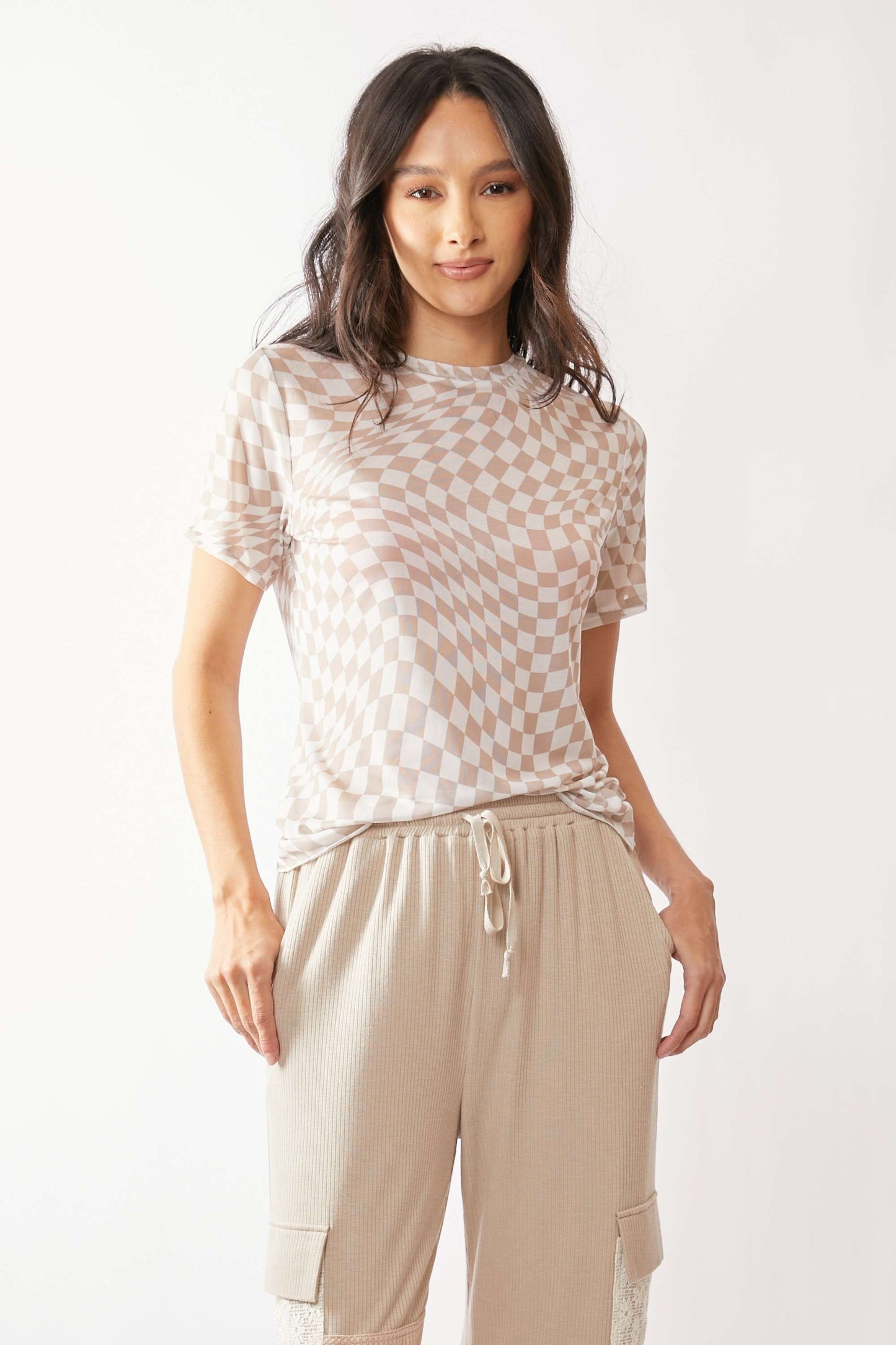 Checker Board Printed Mesh Short Sleeve Top