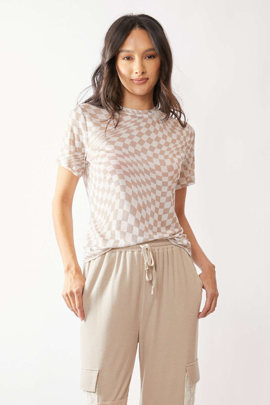 Checkerboard Printed Mesh Short Sleeve Top Plus