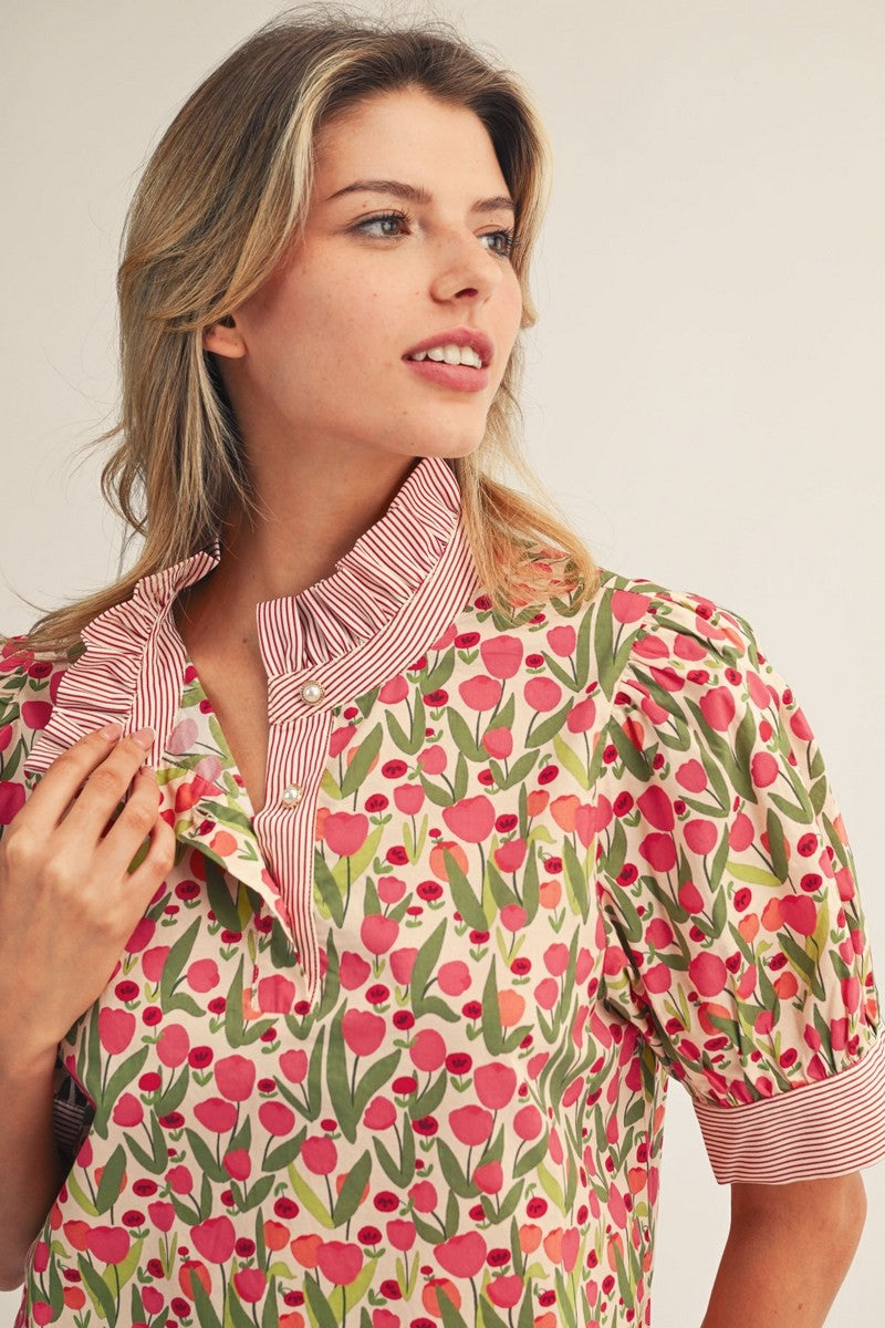 Stripe Contrast Detail Floral Top