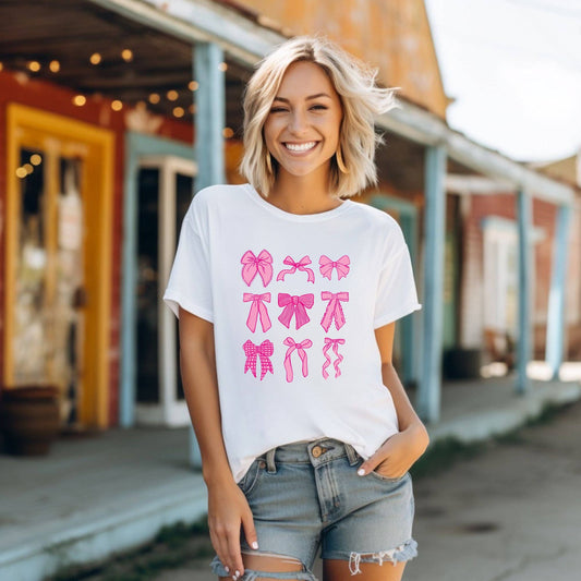 Preppy Pink Bows Graphic White T-Shirt