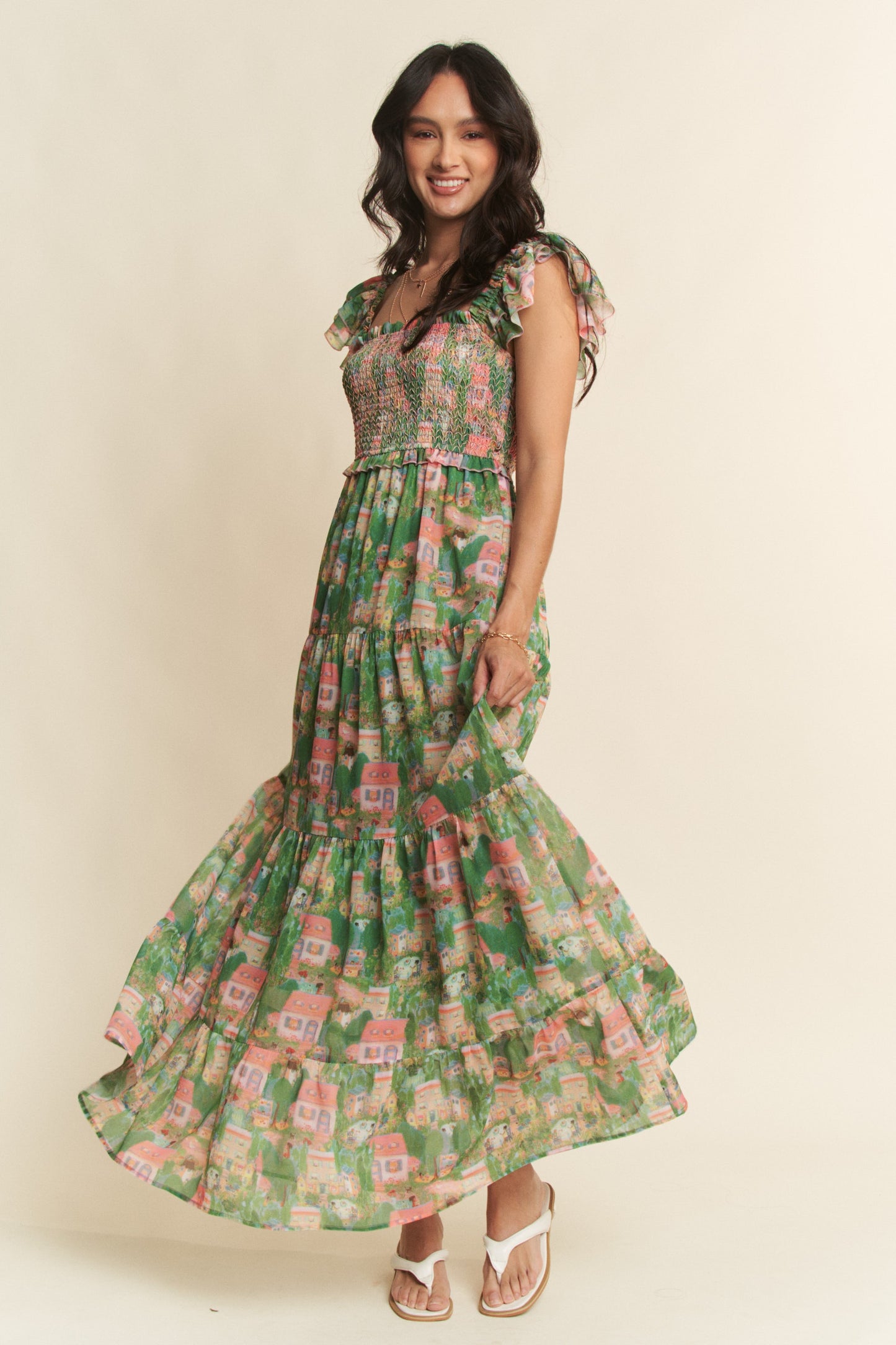 Village Smocking Bodice Ruffle Sleeve Maxi Dress