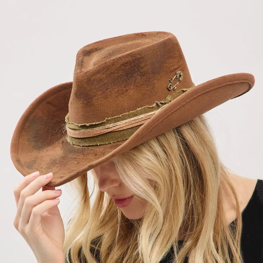 Distressed Western Camel Brown Fedora Hat