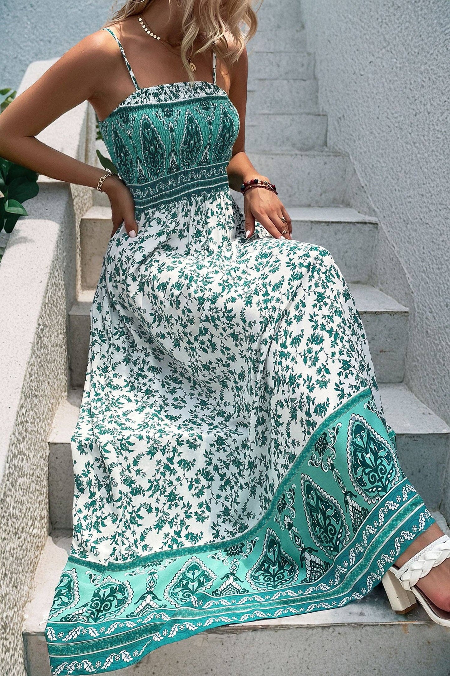Green Boho Floral Maxi Dress