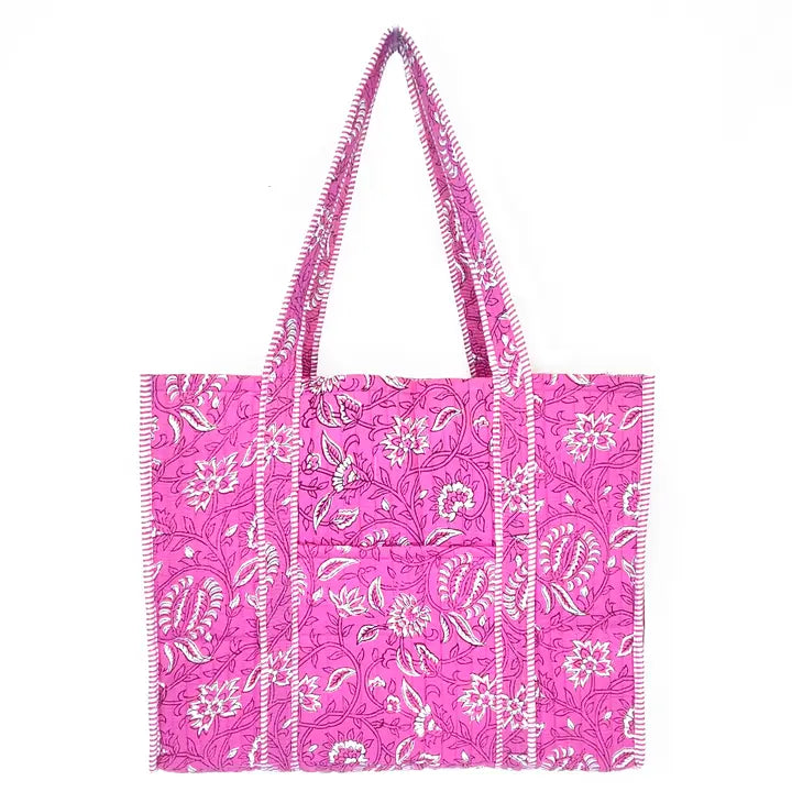 Quilted Block-Printed Tote Bag with Travel Pouch