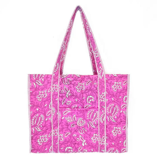 Quilted Block-Printed Tote Bag with Travel Pouch