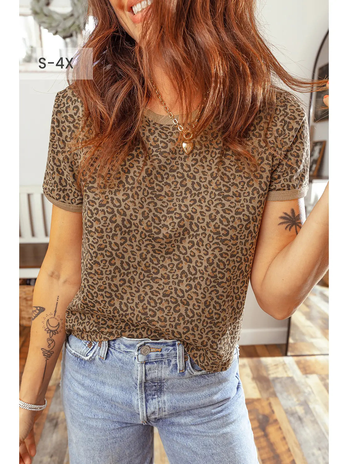 Size Leopard Print Ribbed Trim Round Neck Tee