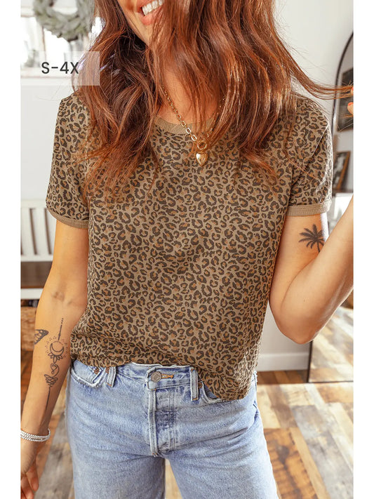 Size Leopard Print Ribbed Trim Round Neck Tee