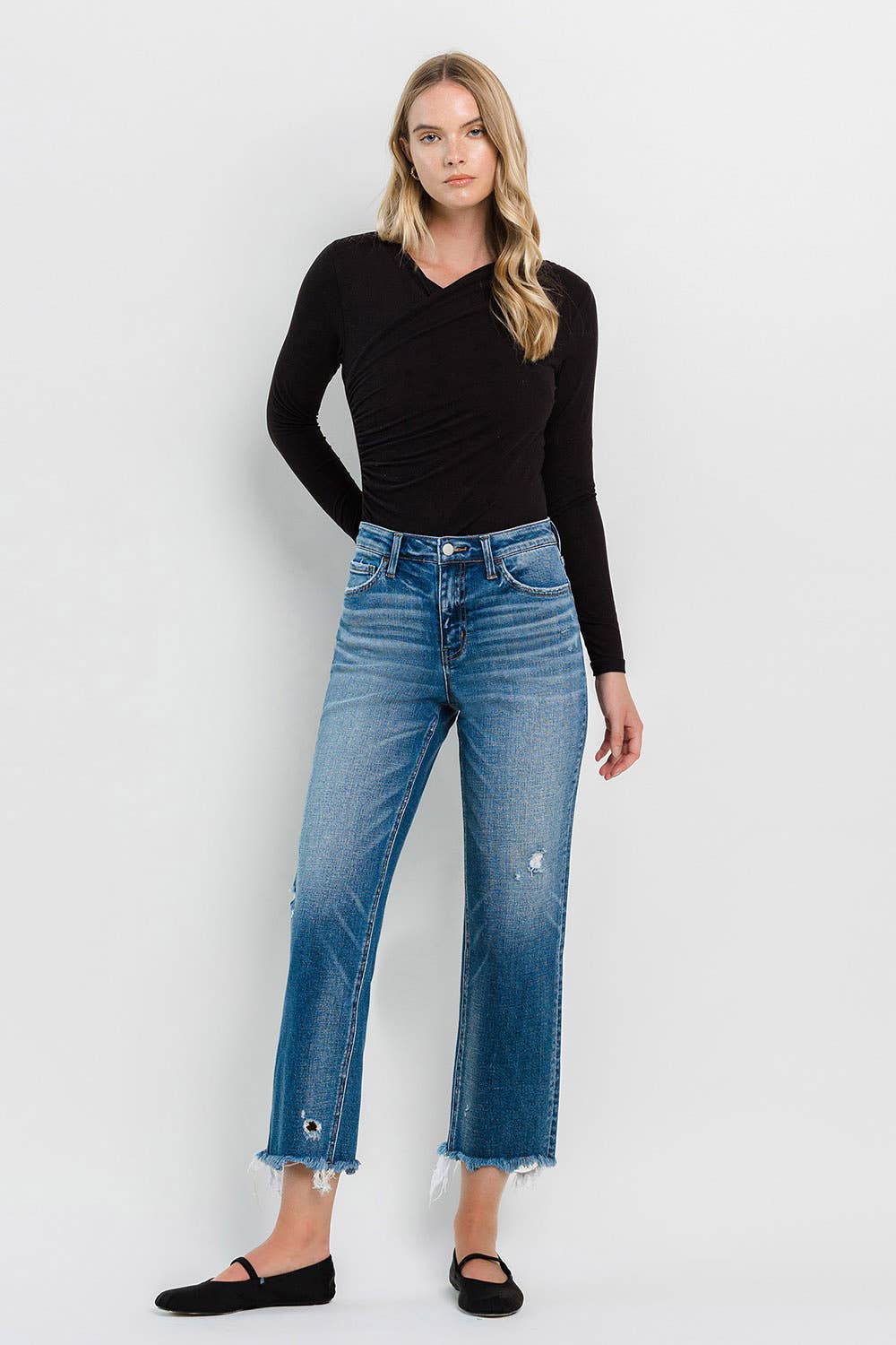 FLYING MONKEY - HIGH RISE FRAYED HEM CROP STRAIGHT JEANS F5569: ADMIRE