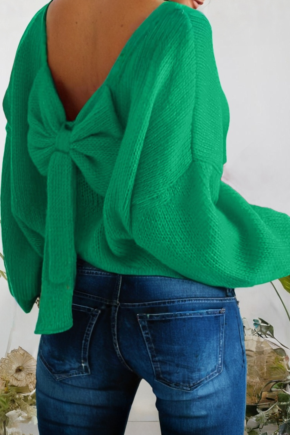 Black Backless Bubble Sleeve Back Bow Sweater - XL