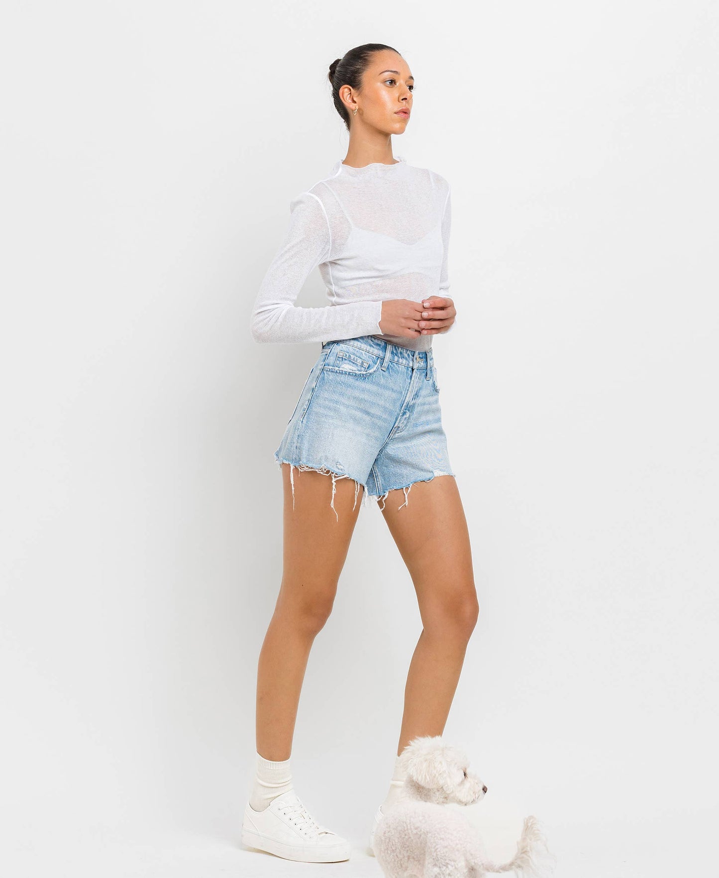 VERVET by FLYING MONKEY - HIGH RISE DISTRESSED HEM A LINE SHORTS T6316: TANA RIVER / L