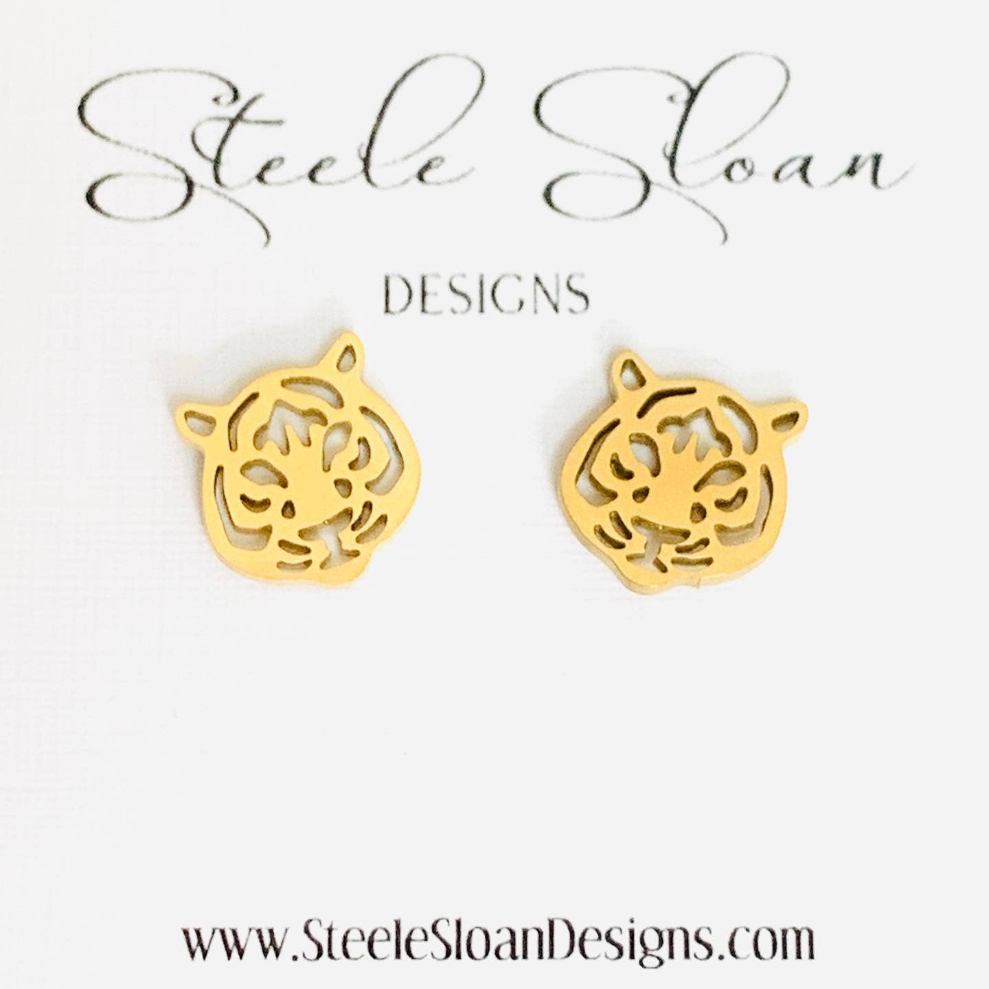 Tiger Football Stud Earrings-Gold