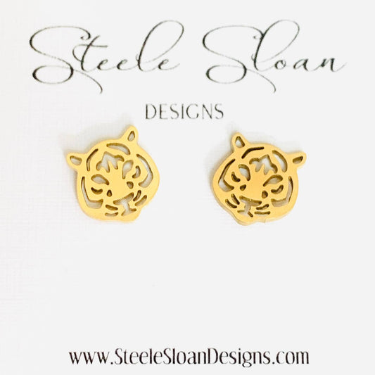 Tiger Football Stud Earrings-Gold