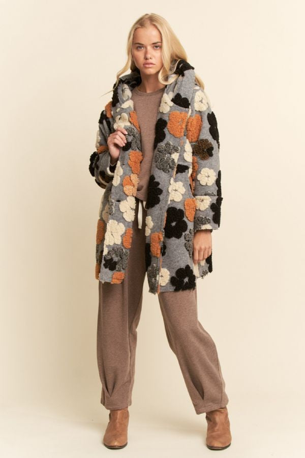 Chunky Flower Embroidered Hoodie Coat Jacket