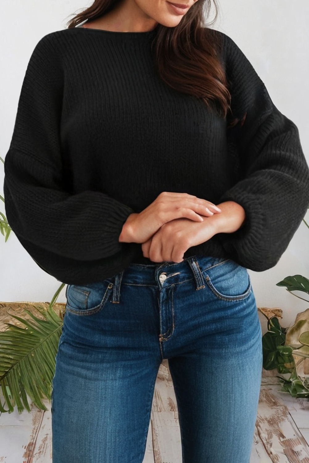 Black Backless Bubble Sleeve Back Bow Sweater - XL