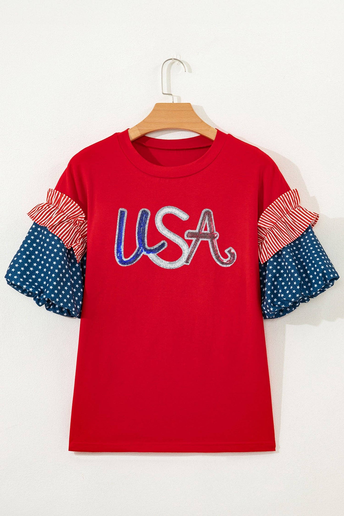 Fiery Red Sequin USA Lettering Top