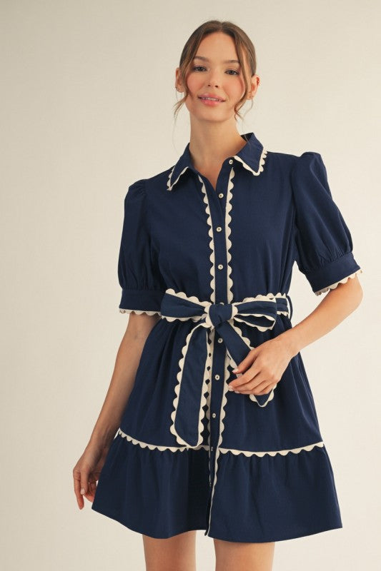 Scallop Trim Button Down Babydoll Dress