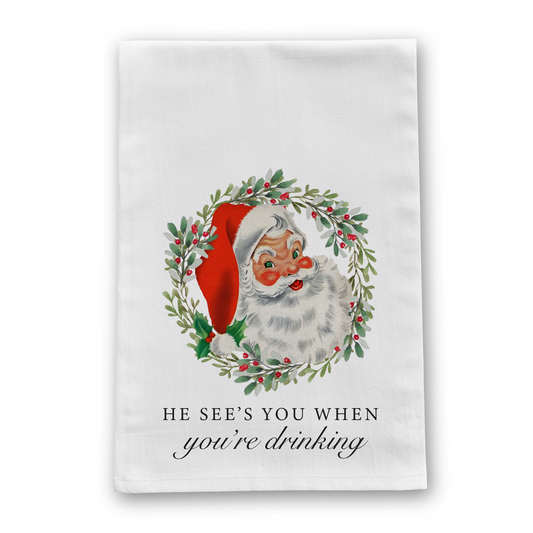 Barrel Down South - He Sees You Vintage Retro Christmas Tea Towel