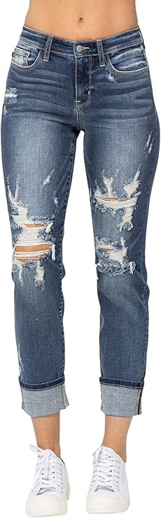 Judy Blue Mid-Rise Cuffed Destroy Boyfriend Jeans