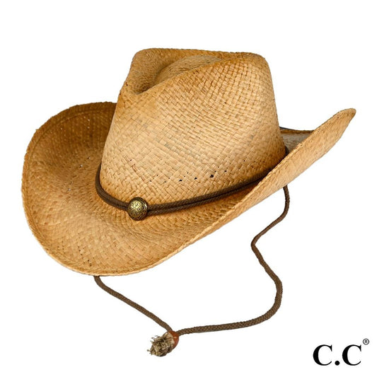 Tea-Stained Raffia Cowboy Hat w/ Adjustable Chin Strap