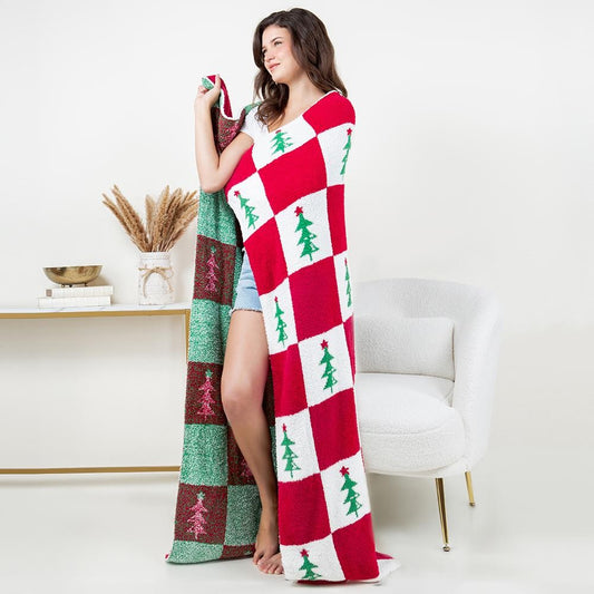 Checker Christmas Tree Print Brushed Poly Microfiber Throw Blanket