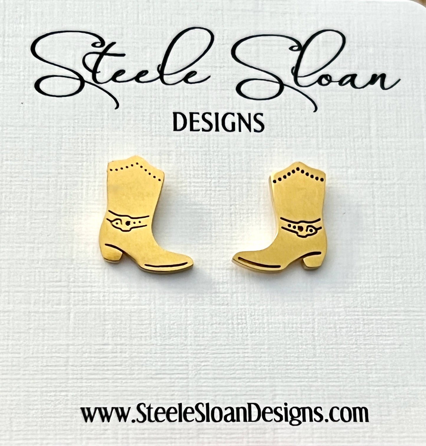 Cowboy Cowgirl Boot Earrings - Gold Stud
