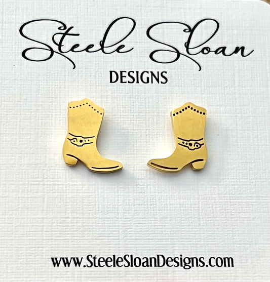 Cowboy Cowgirl Boot Earrings - Gold Stud