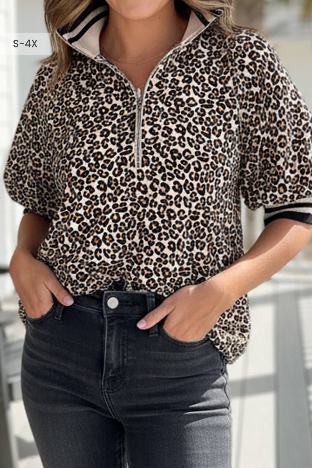 Leopard Half Zip Stripe Mock Neck Top-M