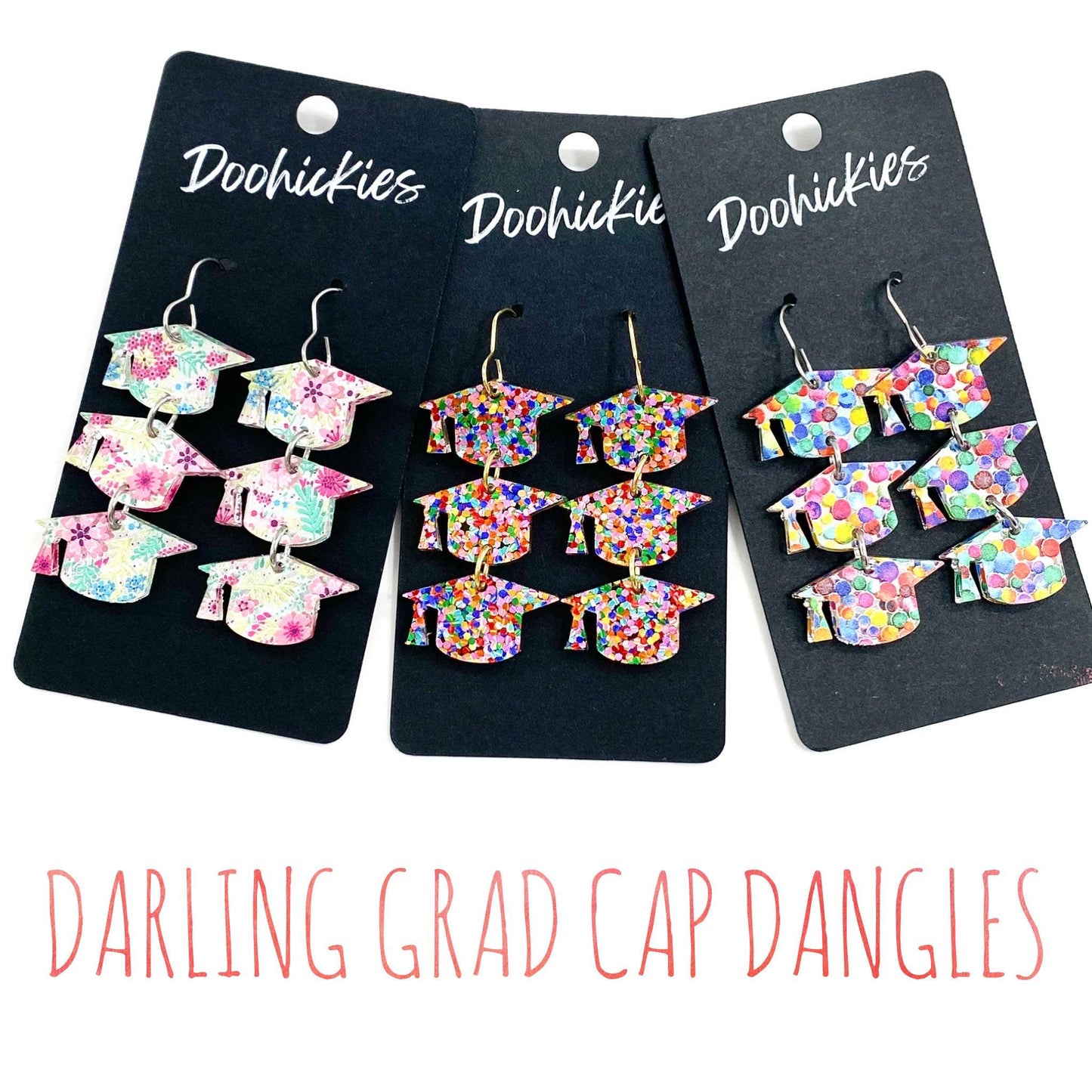 Doohickies - 2" Darling Grad Cap Dangle Drops- Graduation Earrings: Bright Dots