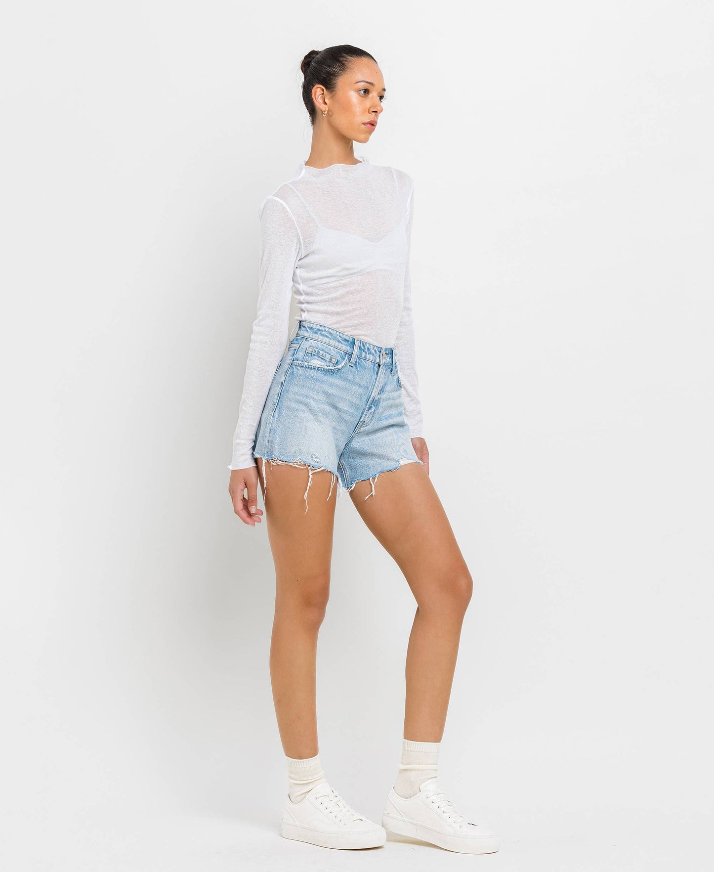 VERVET by FLYING MONKEY - HIGH RISE DISTRESSED HEM A LINE SHORTS T6316: TANA RIVER / L