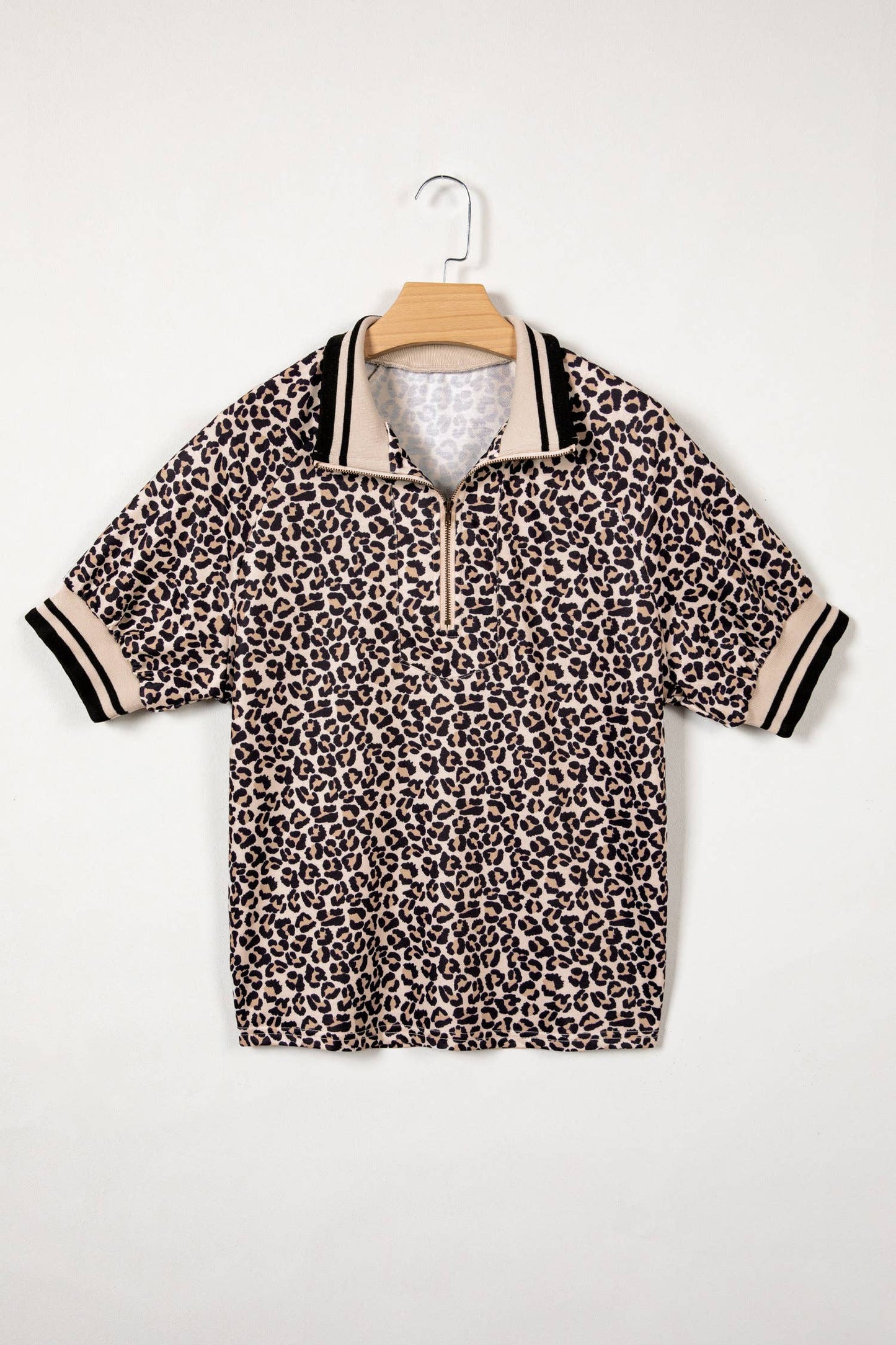 Leopard Half Zip Stripe Mock Neck Top-S