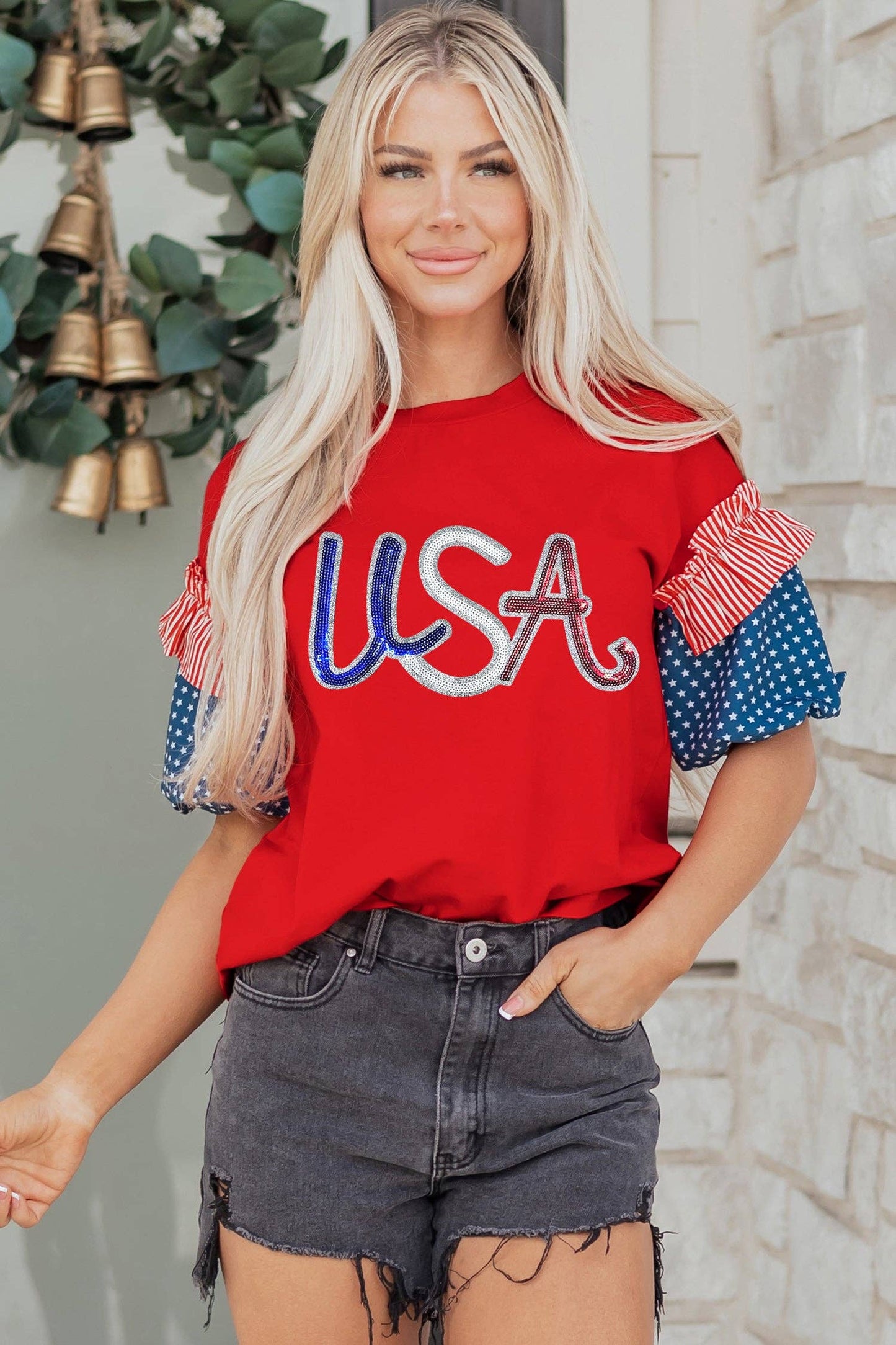 Fiery Red Sequin USA Lettering Top