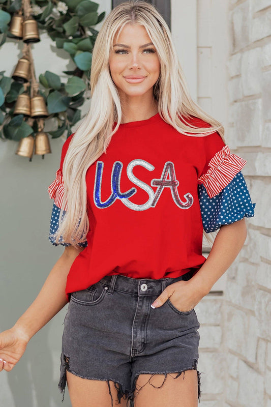 Fiery Red Sequin USA Lettering Top