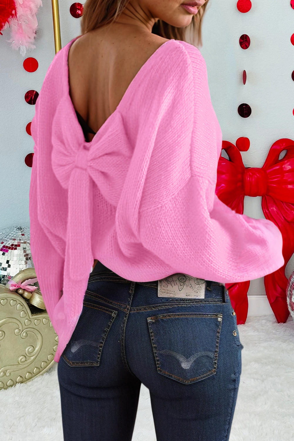 Black Backless Bubble Sleeve Back Bow Sweater - L