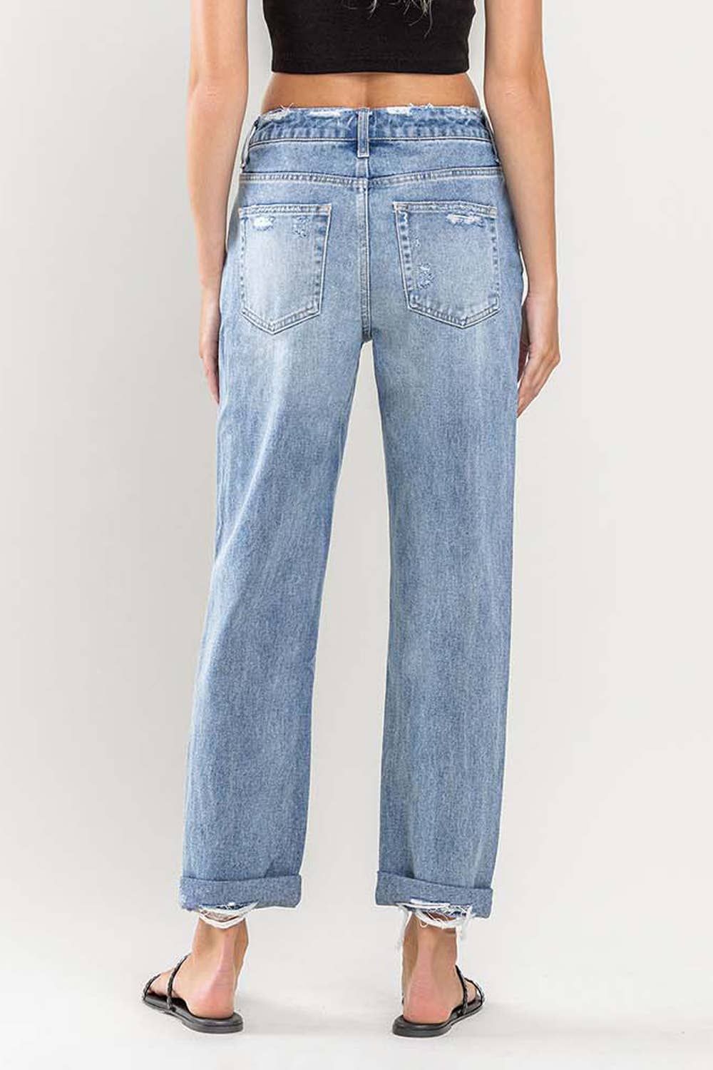 FLYING MONKEY - HIGH RISE CUFFED BOYFRIEND JEANS F4300: WORN BLUE