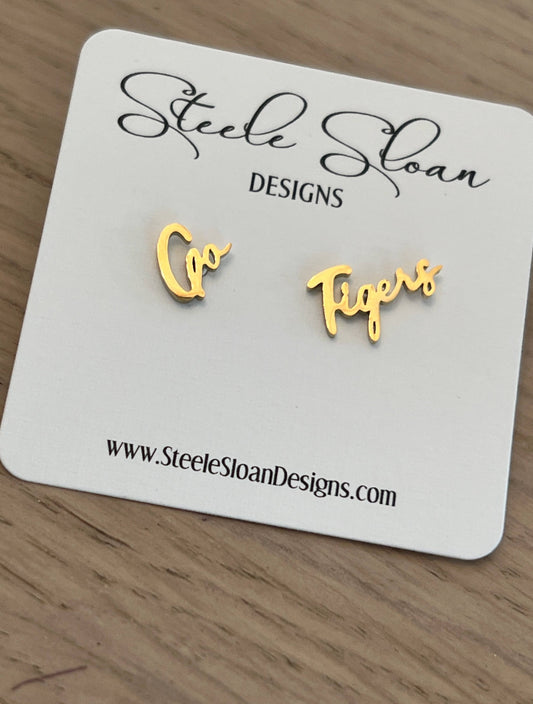 Go Tiger Cute Game Day Stud Earrings -Yellow Gold